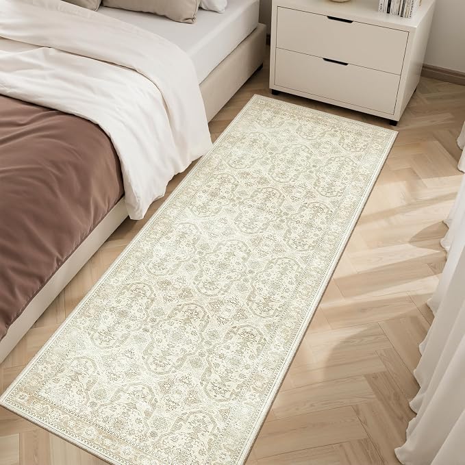Soalmost Runner Rug 2x6 Washable Kitchen Hallway Runners Beige/Brown | Non-Slip Low-Pile Rugs for Entry Bathroom Laundry Room, Vintage Foldable Floor Carpet Mat Entryway for Corridor Bedroom