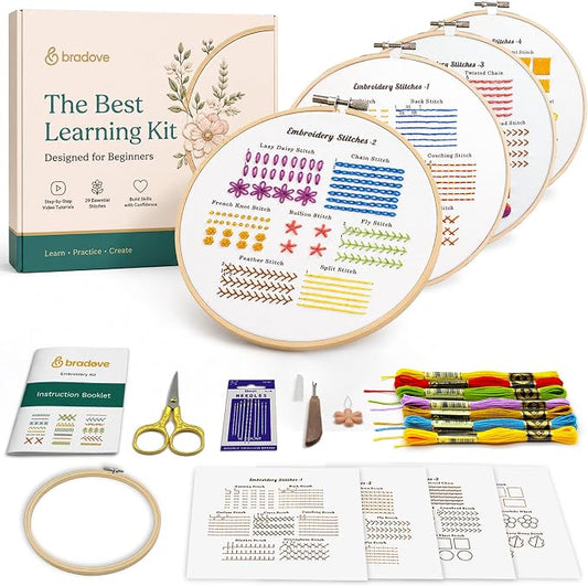 Bradove Classic Embroidery Learning Kit for Adults and Kids | Hand Embroidery Kit for Beginners with Patterns, Beginner Embroidery Kit for Adults, Stitches Practice, Learn to Embroider
