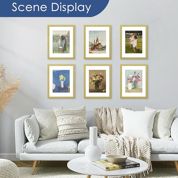 8.5x11 Picture Frame Set of 6, Wall Mount Display, Gold | Display Pictures 6x8 with Mat or 8.5x11 Without Mat, Horizontal or Vertical, Gallery Wall Frame Set, Wedding Birthday Gifts