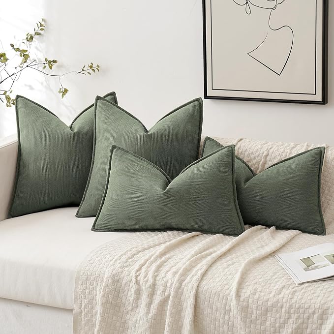 MIULEE Pack of 2 Army Green Euro Shams Chenille Pillow Covers 22x22 Inch | Decorative Soft Couch Throw Pillows,Farmhouse Cushion Covers,Elegant Design for Sofa,Bed,Living Room,Summer Decor