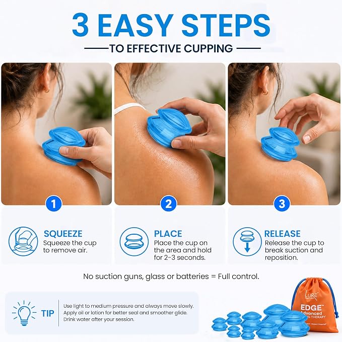 Lure Essentials Edge Silicone Cupping Set, Cupping Kit for Massage Therapy, Long Lasting Cups for Professional & Home Use, Body Sculpt Cup for Cellulite, Ultra Transparent Blue (8 Count)