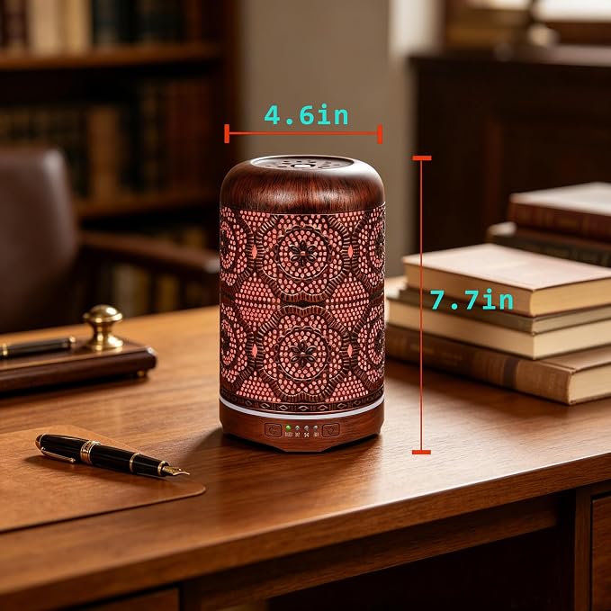 250ML Essential Oil Aromatherapy Diffuser for Home Bedroom Office Metal Hollow Decorative Room Ultrasonic Air Scent Mist Aroma Diffuser -Red Copper