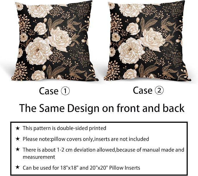 Vintage Peony Roses Floral Plant Pillow Covers 24X24 Inch Set of 2 Chinoiserie White Flower Leaves Decorative Pillow Cases Black Gold Cushion Case Vintage Home Decor for Sofa Couch Outdoor