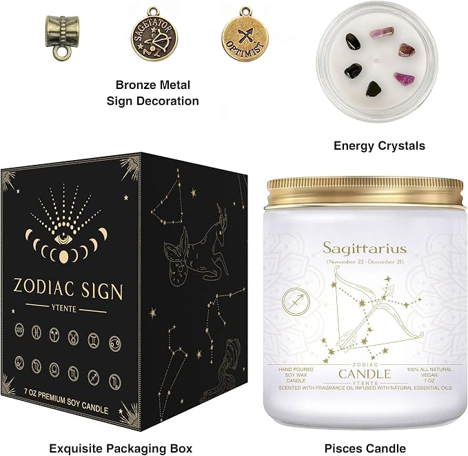 Zodiac Sign Candles, Zodiac Crystal Sign Candles,Astrology Scented Candles Best Friends Gifts for Women, Men Sister Brother Zodiac Funny Birthday Gift Candle Jar (Sagittarius)