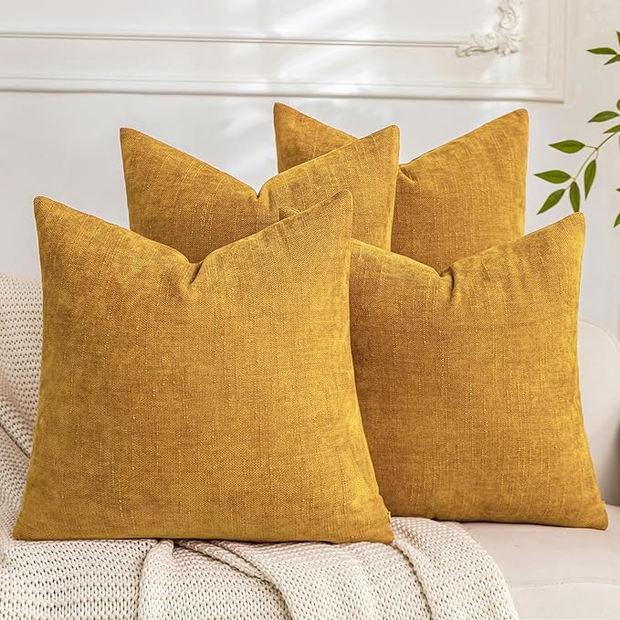 Set of 4 Soft Textured Decorative Throw Pillow Covers 24x24 Inch Cozy Farmhouse Cushion Cover Square Accent Pillow Cases for Bed Couch Sofa Living Room, Mustard Yellow
