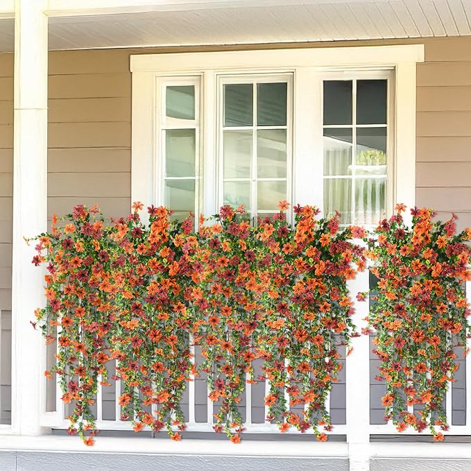 Artificial Fall Fake Flowers for Outdoor Fall Decoration,2 Pcs Faux Hanging Flowers Outdoor Fall Decor,UV Resistant Look Real Faux Mums Silk Flower for Outside Home Porch Patio Yard Balcony Planter