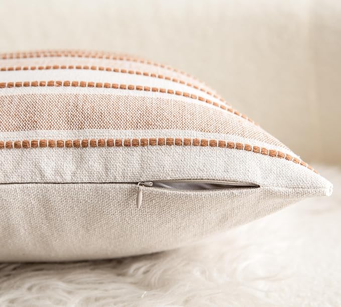 Cethom Decorative Boho Throw Pillow Covers, Farmhouse Textured Pillow Case, 20 x 20 Inch Set of 2, Chair Sofa Bedroom Living Room Home Decor Couch Cushion Case, Brown and Beige Striped
