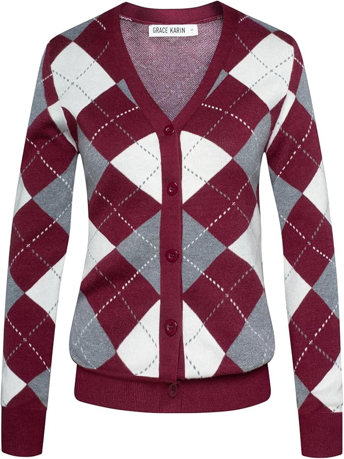 GRACE KARIN Womens Cardigan Sweater Fall Fashion Argyle Sweater Button Up Cardigan Teacher Outfits Preppy Clothes