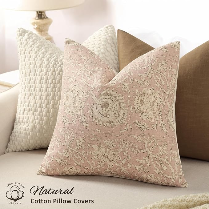 Vintage Floral Print Throw Pillow Covers 18x18 Set of 2 Neutral Modern Farmhouse Pillowcases Accent Decorative Cushion Covers Boho Home Decor for Couch Sofa Chair Bed Living Room, Champagne Pink