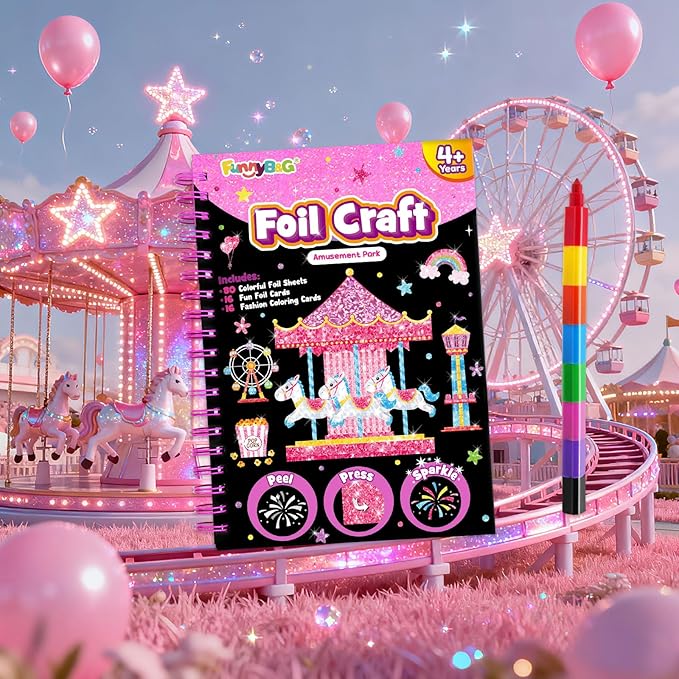 FUNNYB&G Foil Art Crafts for Kids Ages 4-8: Valentines Crafts for Kids 2026,Birthday Gift for Girls,Art and Crafts,Party Favors,Creative Toys for Girls Boys 4 5 6 7 8 9 Years Old(Amusement Park)