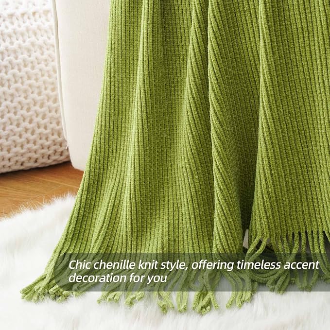 BATTILO HOME Lime Green Throw Blanket for Couch, 50"x60" | Soft Chenille Knit Throw Blanket with Tassels for Home Decor, Spring Green Throws for Couch Cover