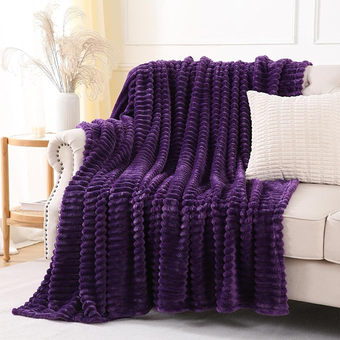 Deep Purple Throw Blanket for Couch Sofa 60x80 inches Striped Design | Fleece Blankets Room Home Decor Lightweight Plush Soft Cozy Gifts for Women Mom