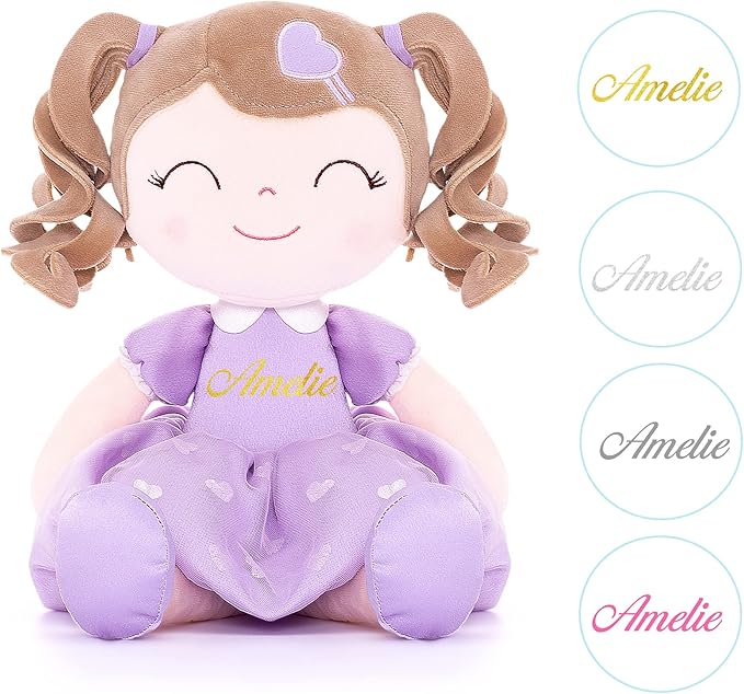 Gloveleya Personalized Baby Doll – Custom Name Plush Doll with Curly Hair & Purple Heart Dress | Unique Birthday for Girls, Toddlers & Kids | Soft Huggable Keepsake Toy