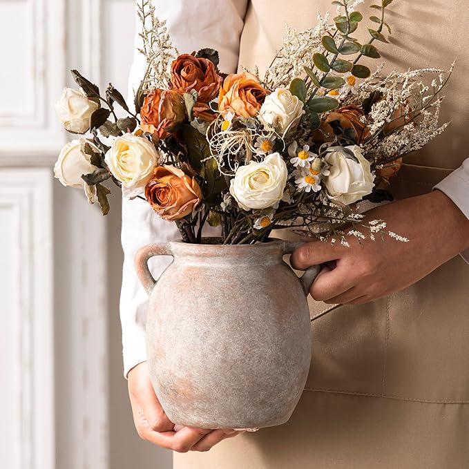 Dobbyby Ceramic Flower Small Vase 6 inch Farmhouse Rustic Vase Decorative Pottery Terracotta Vases for Home Decor Table Mantle Fireplace Living Room Bathroom Wedding Centerpiece