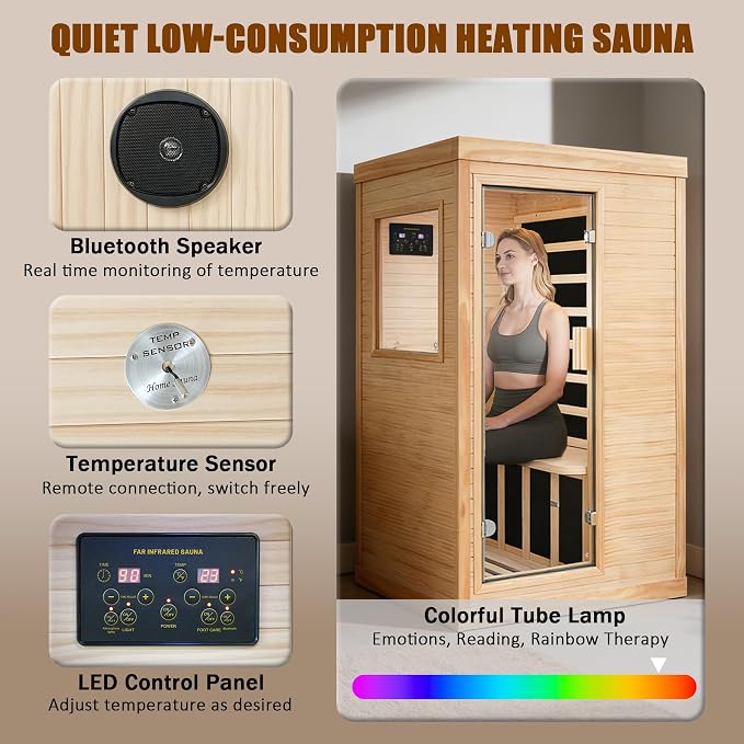 Infrared Sauna 1 Person Sauna Low EMF Far Infrared Sauna Personal Indoor Dry Sauna Room with Speaker 7 Color Lights for Home Gym Spa 1200W 120V 35.2" × 27.6" × 61.6 "