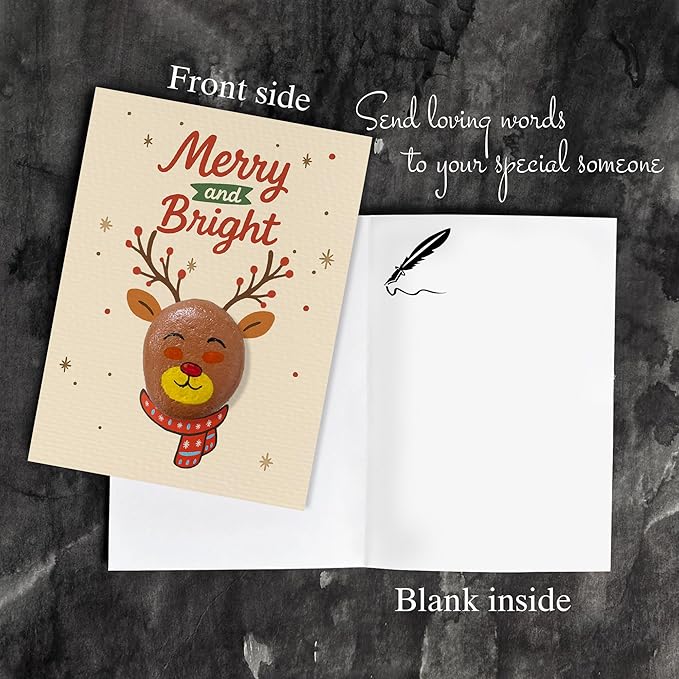Handmade Christmas Pebble Card – Cute Reindeer “Merry and Bright” Design – Unique Holiday Greeting Card with Pebble Art – Fun Christmas Card for Kids, Friends, Family, Teachers, or Coworkers