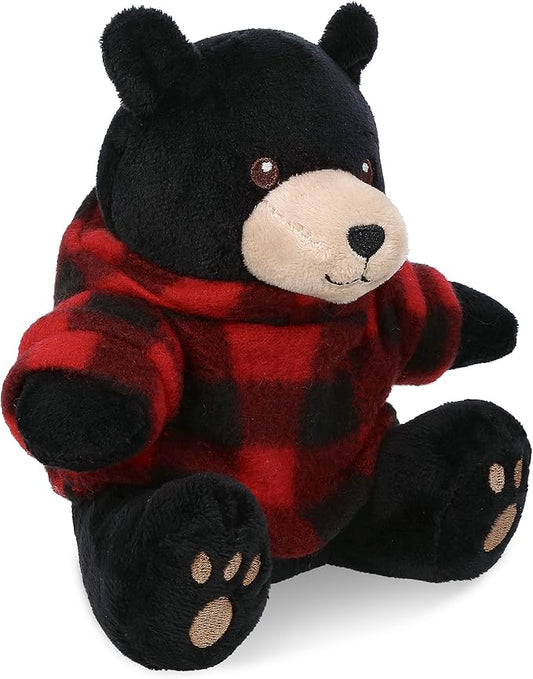 DolliBu Super Soft Black Bear Stuffed Animal with Plaid Red Hoodie Sweater and Personalization - Bear Plush Lumberjack Stuffed Toy with Plaid Jacket Dress Up for Christmas, Holiday, Winter - 6 Inches
