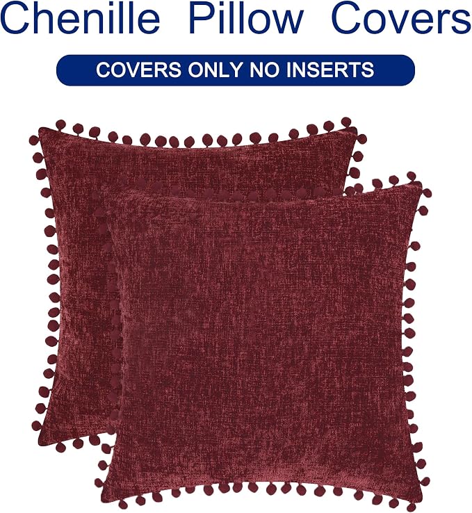 CaliTime Decorative Couch Throw Pillow Covers 22 X 22 Inches Burgundy | Pack of 2, Cozy Chenille Cushion Cases, with Pom Poms for Sofa Bed Living Room Farmhouse Home