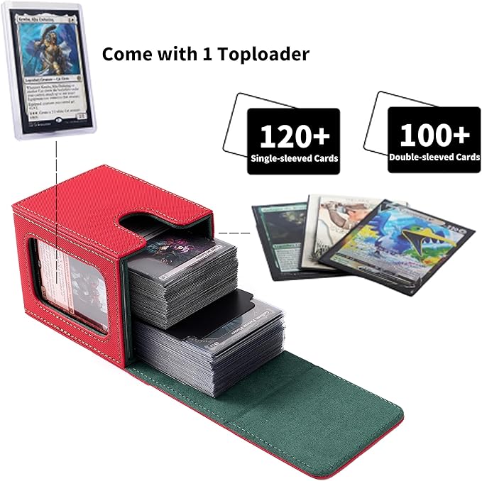 Venssu MTG Deck Box with Commander Display, Goblin Card Deck Case Fits 120 Single Sleeved Cards, TCG Card Storage Box with 2 Dividers and 1 Toploader (Red＆Green)