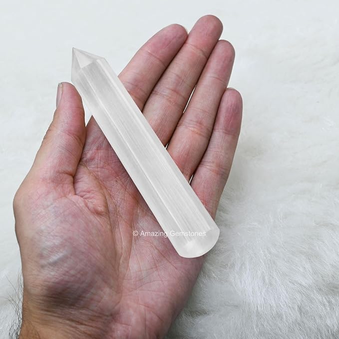 Amazing Gemstone Selenite Crystal Wand Massage Stick - Pelvic Wand Gua Sha for Adults - Crystals and Healing Stones Massage Wands for Adults Gifts (Pointed)