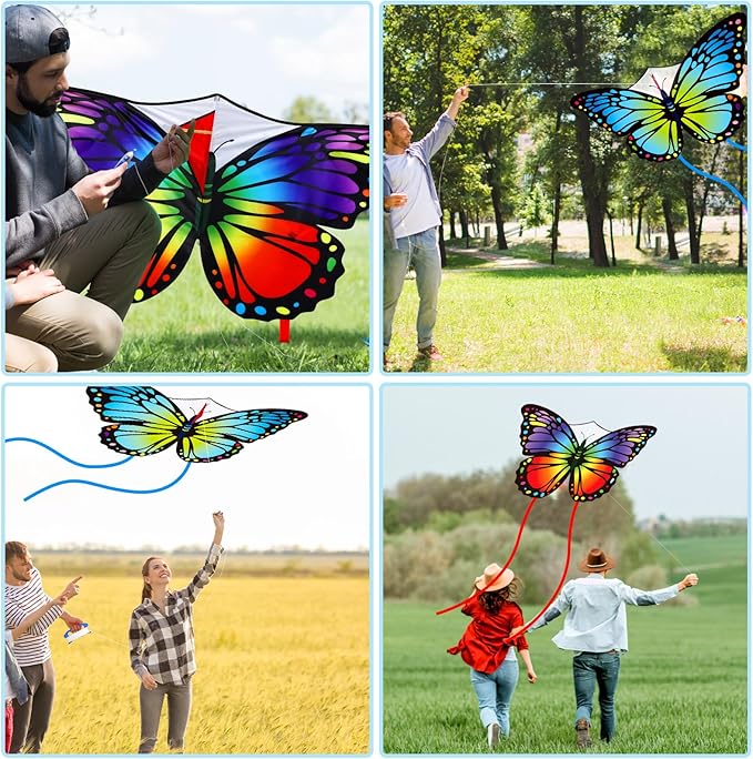 Silipull 2 Pcs Butterfly Kite 55" x 28" Large Kites with 328ft Kite String Beach Colorful Kites for Adults Beginner Outdoor Supplies (Rainbow and Blue)