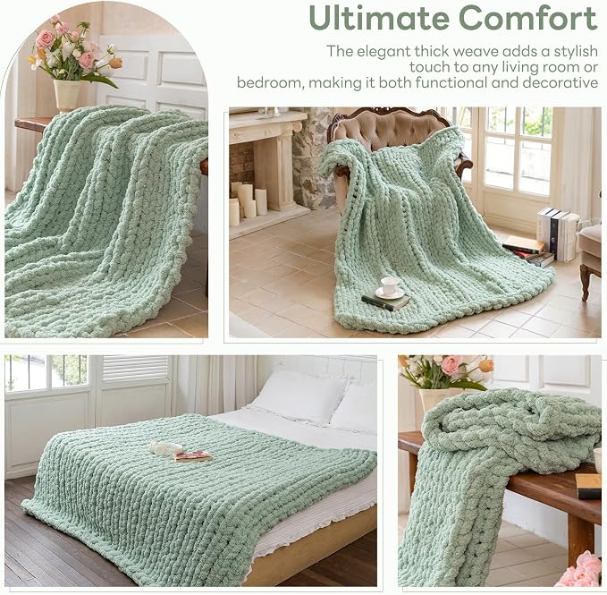 Chunky Knit Blanket - Luxury Soft Cozy 40 * 50 Throw Blanket,100% Woven Blanket Rope Knot Throw Blanket for Couch, Sofa, Home Decor, Gift - Machine Washable (Sage Green, 40 * 50)
