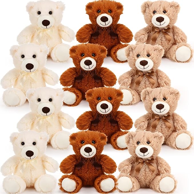 HyDren 12 Pieces Valentines Bears Stuffed Animals Soft Plush Toy Bears for Birthday Party Easter Wedding Baby Shower Christian Charity Donation Supplies(White, Brown, Khaki)