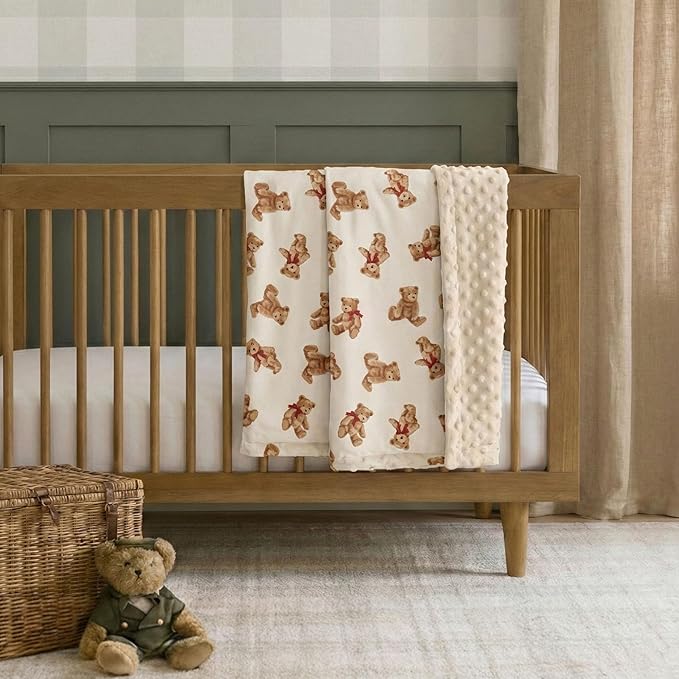 Bear Minky Baby Blanket, Ultra Soft Cozy Nursery Blanket for Unisex Boys Girls, Fluffy Toddler Infant Newborn Warm Nursery Bed Blankets for Crib Stroller or Carseat, 30”×40”, Beige