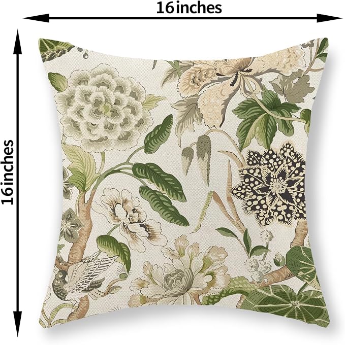 Green Pillow Covers 16x16 Inch Set of 2 Vintage Green Floral Throw Pillows Chinoiserie Flower Decorative Pillow Cases Outdoor Linen Farmhouse Cushion Covers for Couch Sofa Decorations