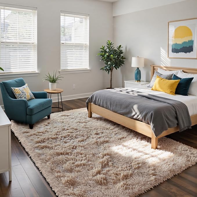 yongyangjuxin Fluffy Rug Shag Area Rug, Beige 8x10 Area Rugs for Living Room, Large Shag Area Rugs for Bedroom Room Home Decor, Upgrade Anti-Skid Rectangular Fuzzy Rugs