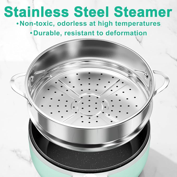Dezin Hot Pot Electric with Steamer, 1.5L Non-Stick Portable Electric Pot | Dual Power, Upgraded 700W Electric Pot for Cooking Steak, Egg, Oatmeal, Ramen Cooker for Dorm, Travel, RV, Office, Green Pan