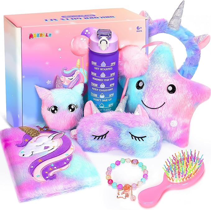 Unicorn Gifts for Girls Age 6 7 8 9 10+ Years Old, Birthday for Girls Surprise Box with Light Up Plush Star Pillow, Diary, Headband, Eye Mask, Water Bottle, Soft Plush Toys for Teens Christmas