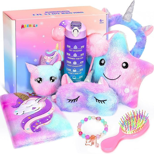 Unicorn Gifts for Girls Age 6 7 8 9 10+ Years Old, Birthday for Girls Surprise Box with Light Up Plush Star Pillow, Diary, Headband, Eye Mask, Water Bottle, Soft Plush Toys for Teens Christmas