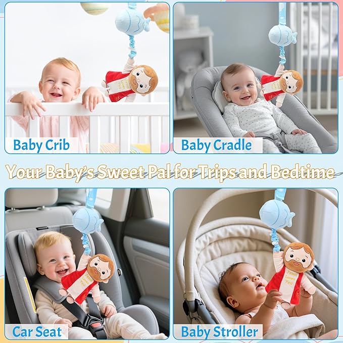 Baby Jesus Hanging Toys with Music Box Crib Toys Car & Stroller Toys Lullaby ﻿Sensory Pull Plush Doll for Babies Baptism First Birthday