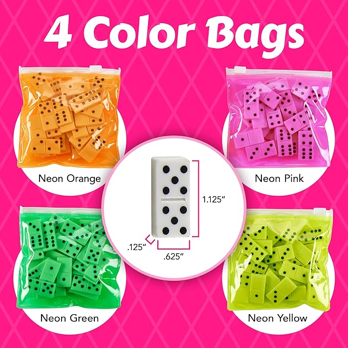 Domino Game Set Pack of 12 Each Bag includes 28 Pieces of Dominoes Set Comes with Colorful Bags Neon Pink Yellow Green and Orange - Awesome Party Favor, Educational Toys Adults & Teens
