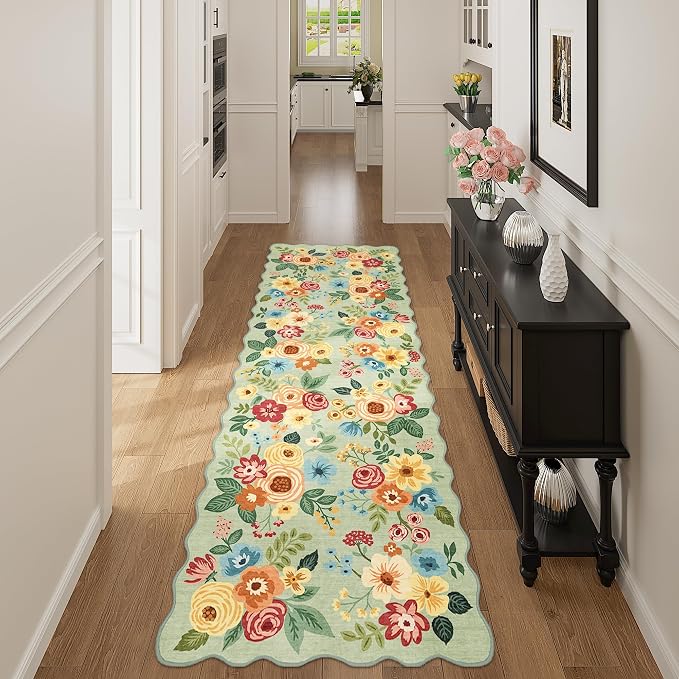DUKINO 2x6 Runner Rug, Floral Washable Rug for Kitchen Non Slip, Green | Soft, Low Pile, Non-Shedding Long Runner Rugs for Kitchen, Entryway, Bedroom, Bathroom, Pet Friendly, Home Decor, Ultra-Thin