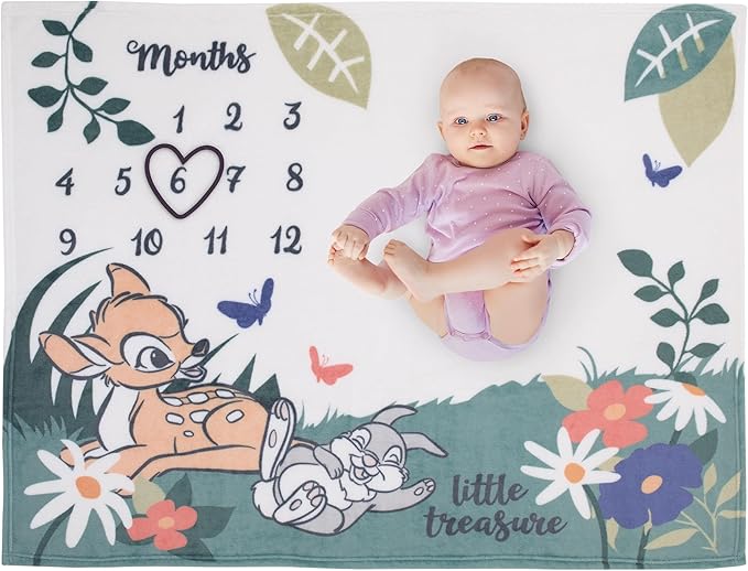NoJo Disney Bambi White and Green Little Treasure Super Soft Photo Op Milestone Baby Blanket