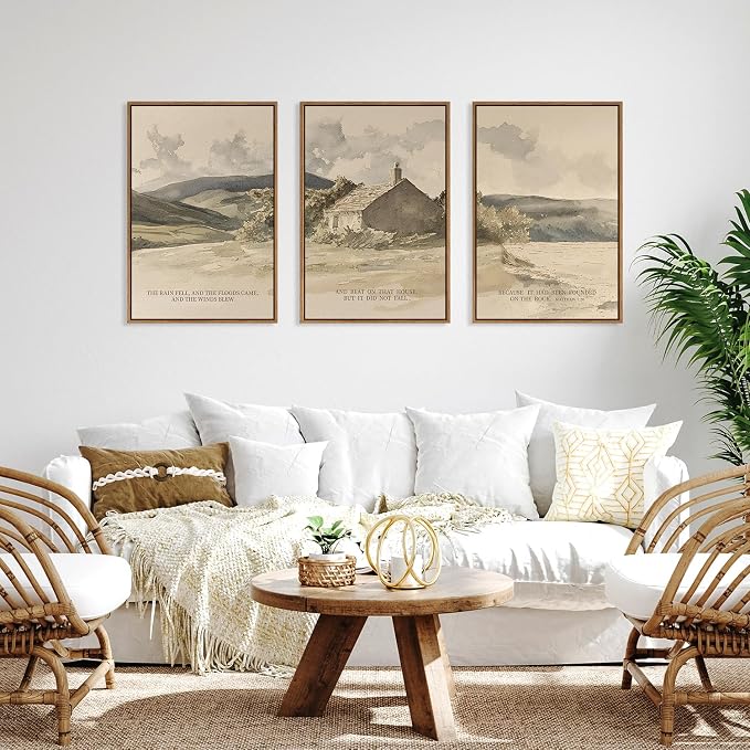 FWIEXA Nature Christian Bible Verse Framed Canvas Wall Art Set, Floods Mountain Houses Jesus Wall Decor, Vintage Easter Artwork, Inspirational Quotes Art Prints for Prayer, Bedroom - Size 24"x36"x3