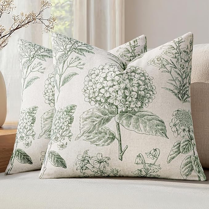 Set of 2 Decorative Floral Pillow Covers 22x22 Inch Dark Green | Neutral Hydrangea Print, Boho Vintage Throw Cushion Covers, Cottagecore Home Decor, for Sofa Couch Porch Bedroom Living Room