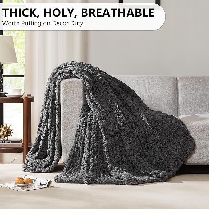L'AGRATY Chunky Knit Throw Blanket for Couch, 50 x 60 Inches, Dark Grey | Handmade Chenille Crochet Blanket for Sofa Bed, Thick Cable Knitted Blankets for Room Home Decor, Birthday Gift for Women Mom