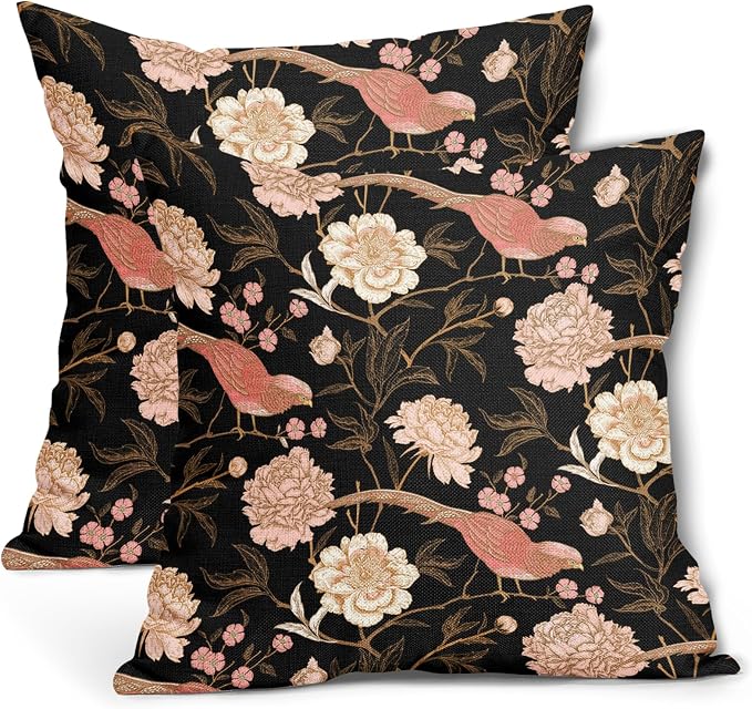 Pink White Roses Floral Pillow Covers 16X16 Inch Set of 2 Retro Flowers Birds Gold Leaf Decorative Pillow Cases Art Vintage Black Cotton Linen Cushion Case Home Decor for Sofa Couch Porch Outdoor