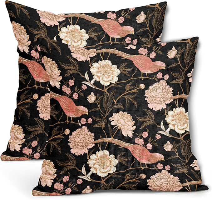Pink White Roses Floral Pillow Covers 18X18 Inch Set of 2 Retro Flowers Birds Gold Leaf Decorative Pillow Cases Art Vintage Black Cotton Linen Cushion Case Home Decor For Sofa Couch Porch Outdoor