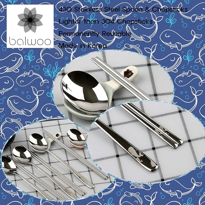 [5 Sets][Made in Korea] Sticky Korean Style Rice Spoon Chopsticks Set 430 Stainless Steel Soup Spoon Ramen Noodle Chopsticks Flatware (Whale)