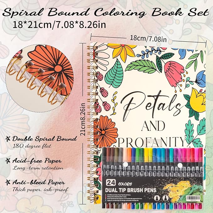 7×8.2in Adult Coloring Book Set for Relaxation, Spiral Bound Coloring Book for Women with 24 Colors Markers, Mindfulness Stress Relief 32 Patterns for Adults, Teens, Easter Gift