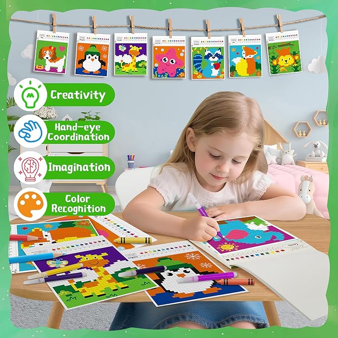 DoodleDoo Animals Mosaic Coloring Book for Kids 5-9,Paint by Number Drawing Kits Party Favors, DIY Arts and Crafts Classroom Activity Supplies, Birthday Gifts for Girls Boys Ages 5 6 7 8 9 10 11 12