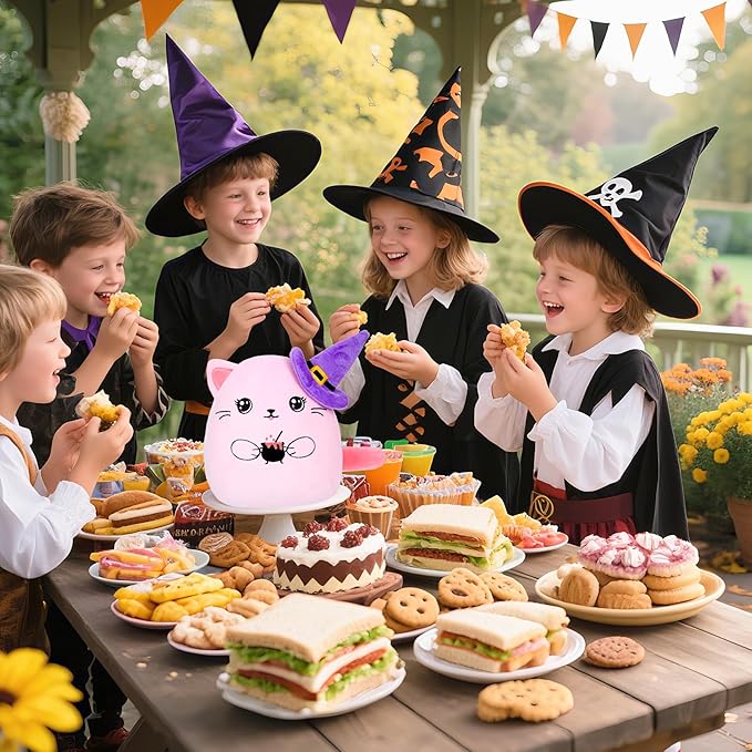 Halloween Plush Cat Stuffed Animal – Pink Cat Plush Halloween Decoration Costume Companion Cute Witch Accessory Kids Family Party Favors 10 Inch