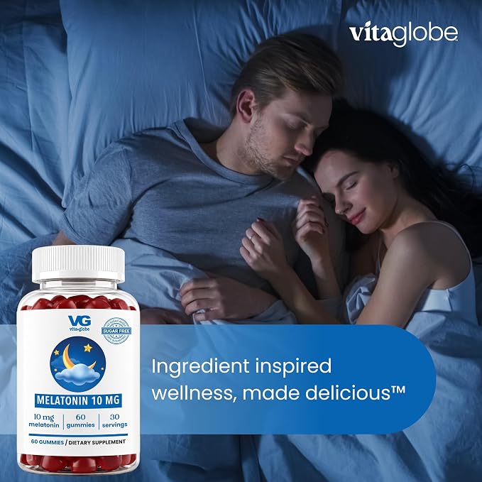 VITA GLOBE Melatonin Gummies 10mg, Sleep Aid Gummies, Sugar Free- Non-GMO, Vegan and Sleep Aid Supplement, Supports Relaxation & Healthy Sleep Cycle, 60 Count Sleep Aid Gummy (Pack of 1)