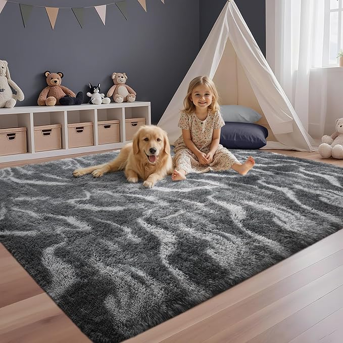 4x6 Feet Area Rugs for Bedroom, Grey Plush Fluffy Shaggy Living Room Rugs Non-Slip, Ultra Soft Carpet for Nursery Kids PlayRoom Dorm Office Indoor