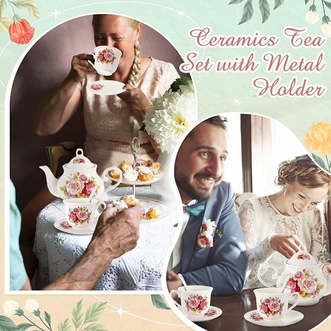 Zhehao 20 Pcs Porcelain Tea Set with Metal Holder and Spoon Adult Ceramic Tea Set European Flower Painting Teapot Cup Saucer Spoon for Women Mom Gift, Large Version (Modern Style)