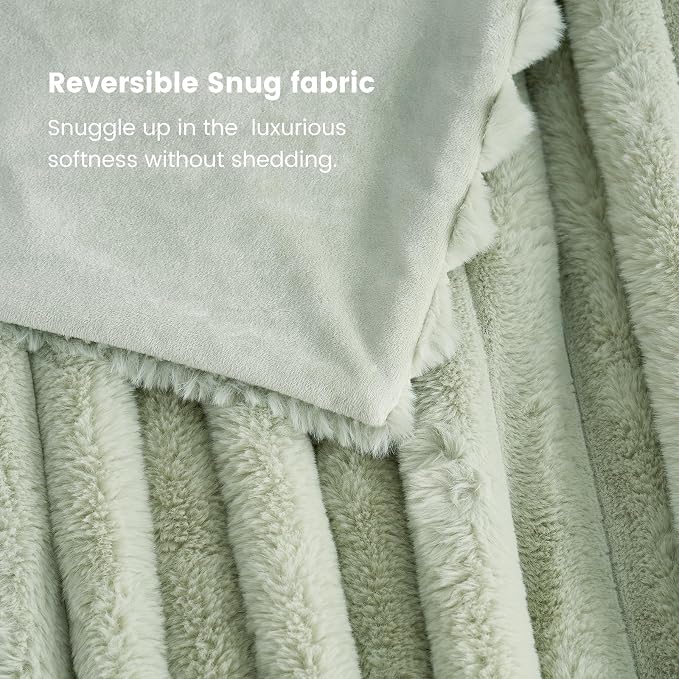 Cozy Bliss Faux Fur Throw Blanket for Couch, Cozy Warm Plush Striped Blanket for Sofa Bedroom Living Room, 50 * 60 Inches Sage Green